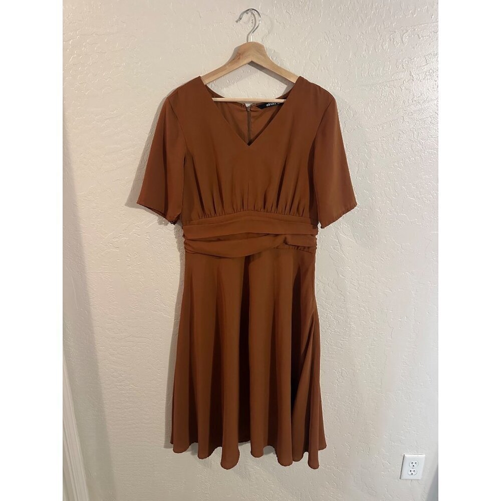 Y eShakti Retro Mocha Brown V Neck Ruched Middle Swing Midi Dress